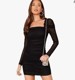 Black Square Neck Mesh Overlay Puff Long Sleeve Bodycon Dress NWT Size L